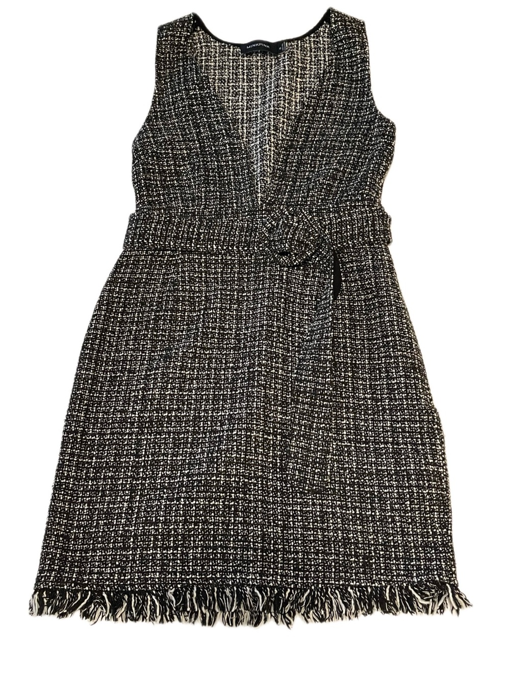 MINKPINK Dress Tweed XS Belted Boss Babe Office Work Deep Plunging Neckline Chic